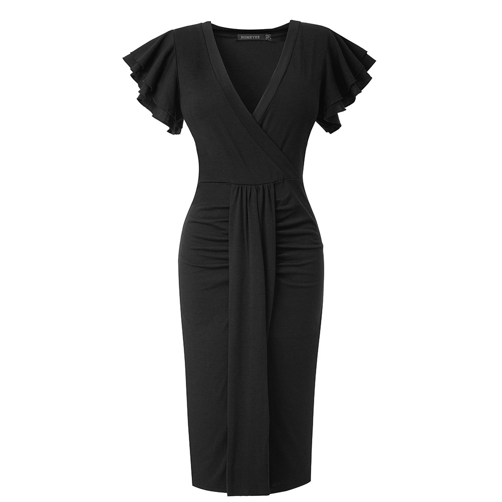 Title 9, Pleated Mid-waist V-neck Solid Color Dress