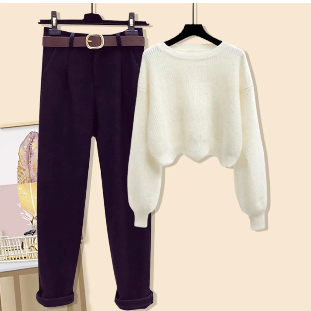 Winter Women's Woolen Coat Sweater Pants Three-piece Set - Set 2