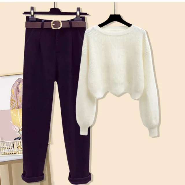 Winter Women's Woolen Coat Sweater Pants Three piece Set Set 2 - Shop at LoveMi