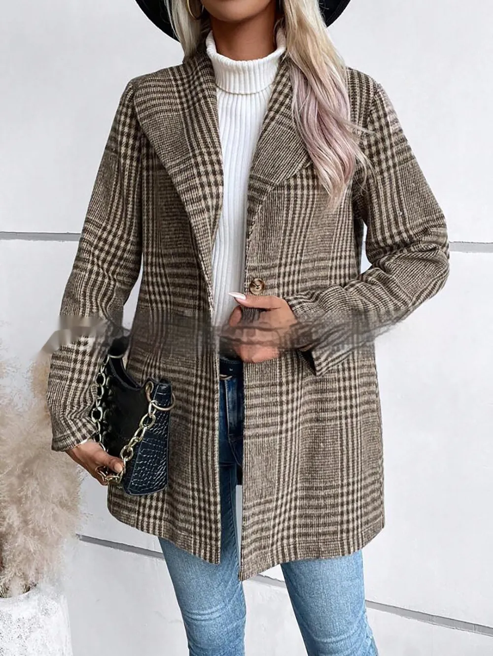Women's Fashion Personality Woolen Plaid Coat - Camel Plaid