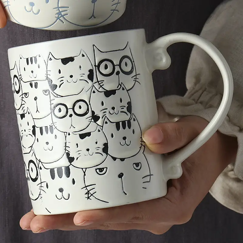 Ceramic Coffee Mug with Hand Painted Animal Illustrations