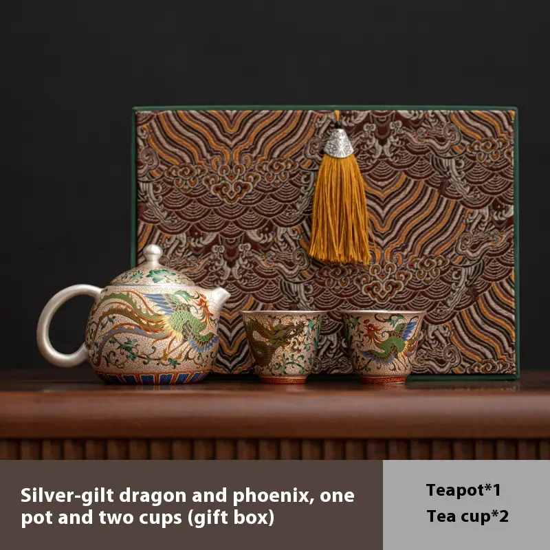 Enamel Colored Dragon Phoenix Auspicious Gilded Silver Kung Fu Tea Set