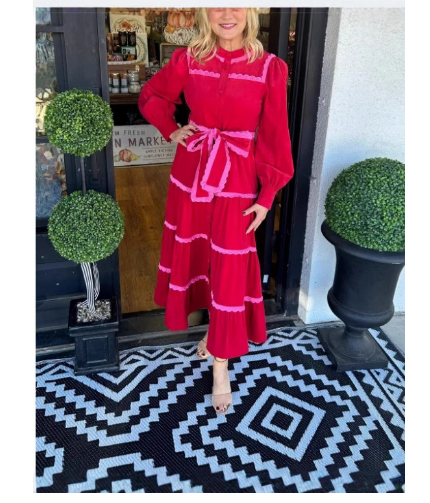 Lace Stitching Red High Collar Long Sleeve Loose Temperament Dress