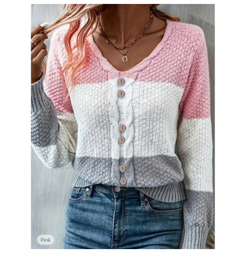 Title 4, V-neck Long Sleeve Fake Button Colored Pullover...