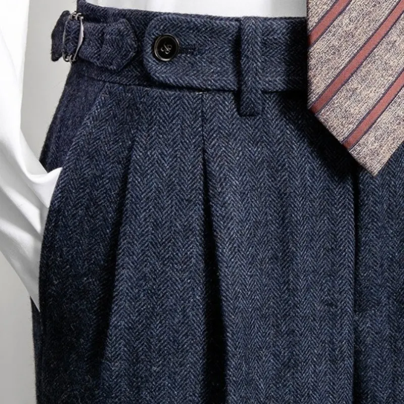 Men's Wool Herringbone Casual Straight Trousers