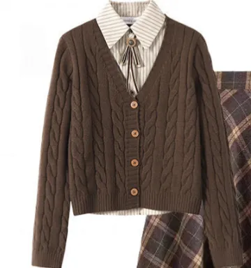 Knitted Top Retro Plaid Skirt Two piece Set C359 Brown Sweater - Shop at LoveMi