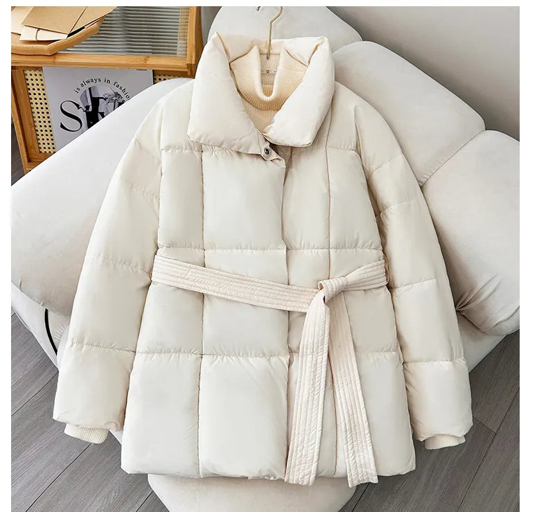 Waist-controlled Lace-up Cotton Coat Jacket Women - White