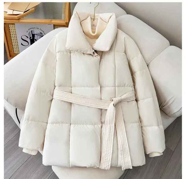 Waist controlled Lace up Cotton Coat Jacket Women White - Shop at LoveMi