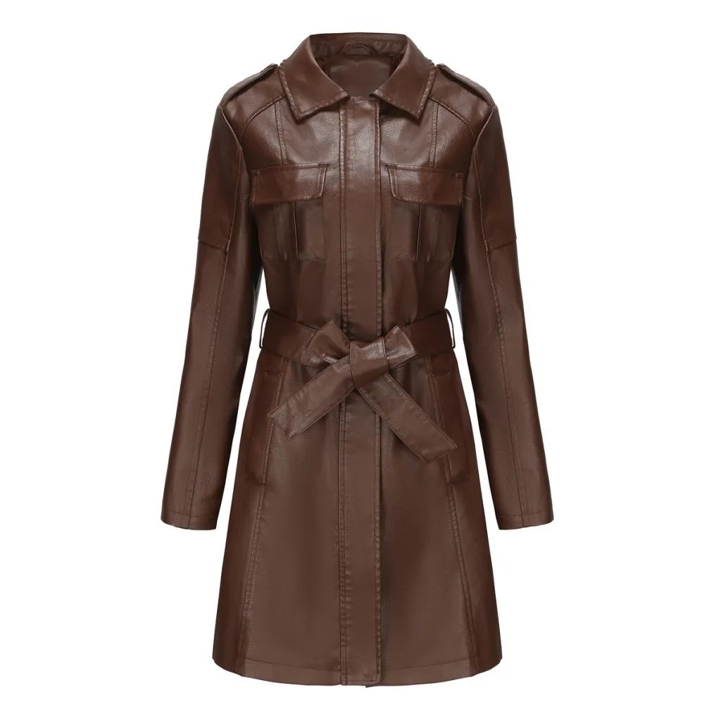 New European And American-style Mid-length Leather Coat With Belt Fashion British Coat For Women - Coffee