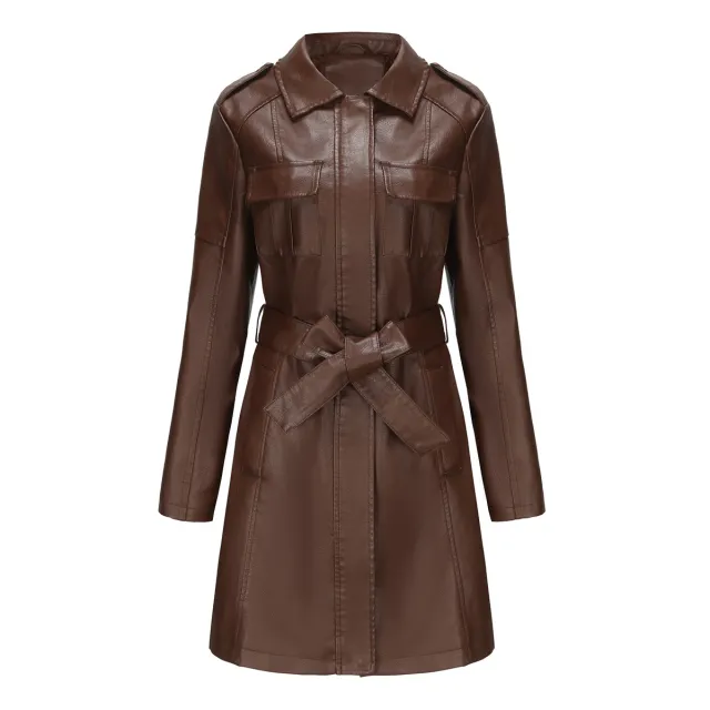 New European And American style Mid length Leather Coat With Belt Fashion British Coat For Women Coffee - Shop at LoveMi