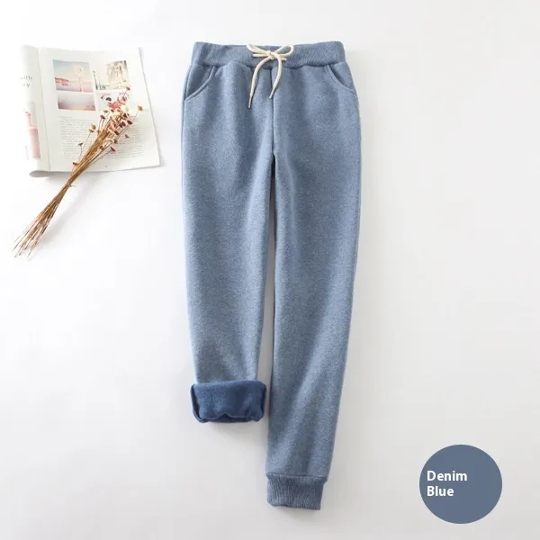 Autumn And Winter Fleece lined Thickened Casual Pants Women's Pearl Velvet Sweatpants Denim Blue - Shop at LoveMi
