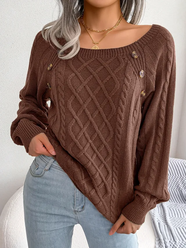 Women's Loose Casual Square Neck Sweater For Autumn And Winter Brown - Shop at LoveMi