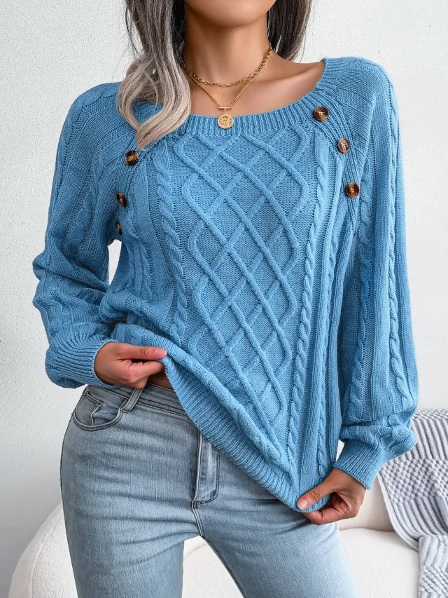 Women's Loose Casual Square Neck Sweater For Autumn And Winter Blue - Shop at LoveMi