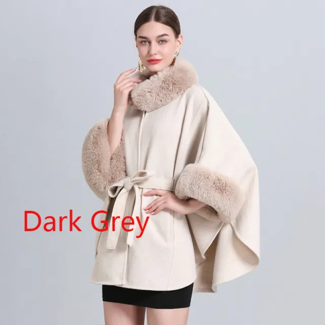 Rabbit Fur Collar Knitted Shawl Cape Lace up Woolen Coat Dark Gray - Shop at LoveMi