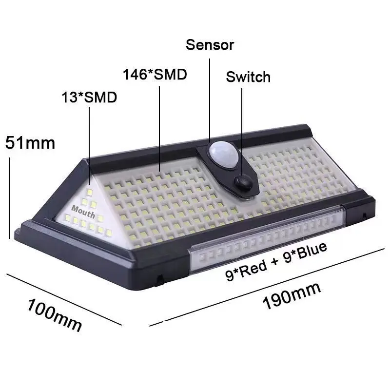 Solar Wall Lamp Outdoor Infrared Sensor Lamp Three-side Luminous Garden Lamp Red And Blue Flashing Warning Light