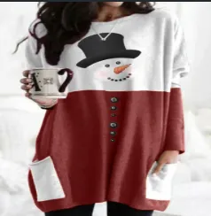 European And American Autumn And Winter Christmas Snowman Printed Long sleeved Bottoming Shirt Red - Shop at LoveMi