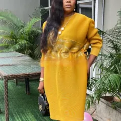 Sanzhai Pleated Plus Size Summer Fashionable Stylish Round Neck Long Sleeve Loose Long Dress - Yellow - View 1
