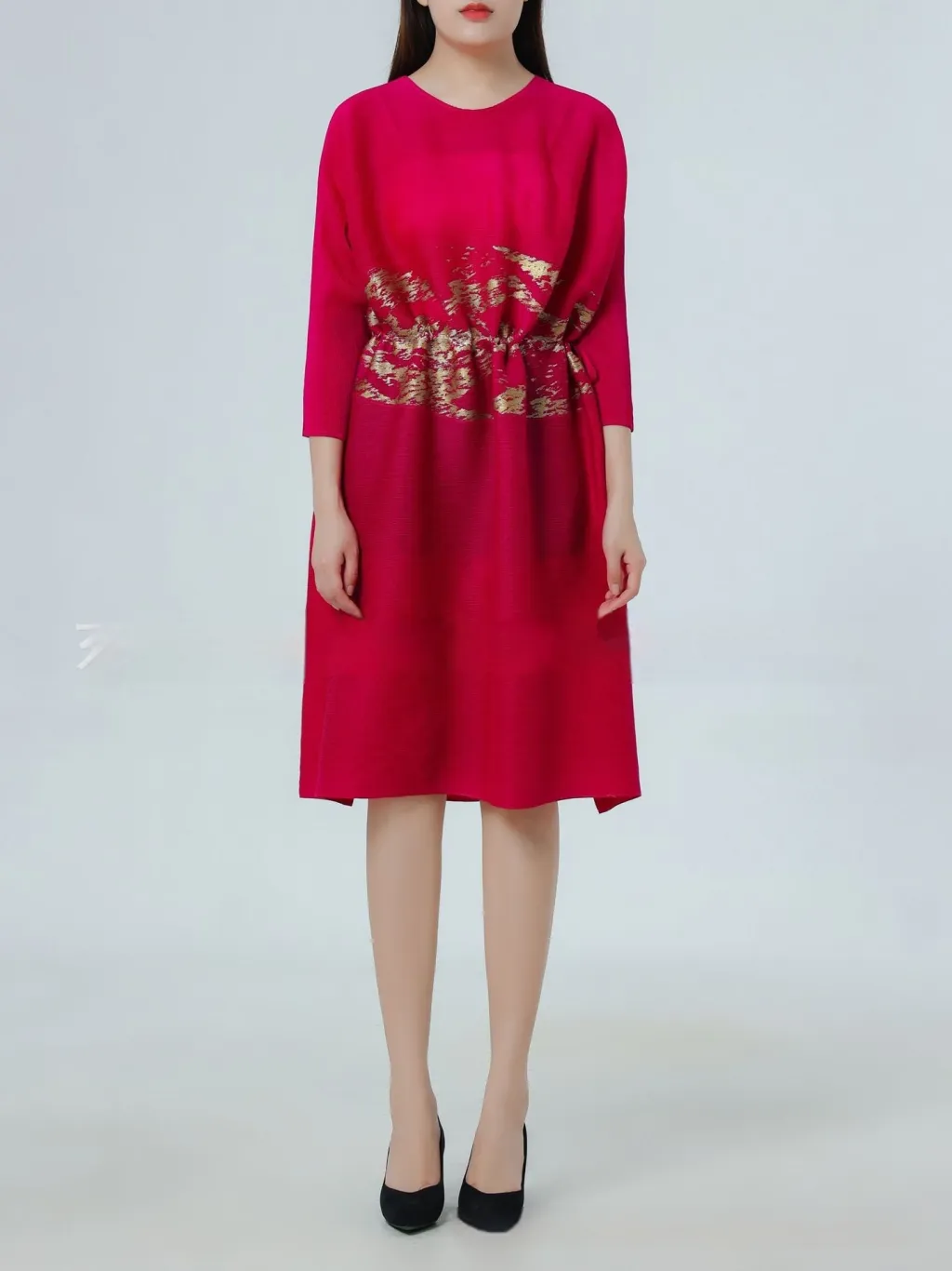 Sanzhai Pleated Plus Size Summer Fashionable Stylish Round Neck Long Sleeve Loose Long Dress - Red