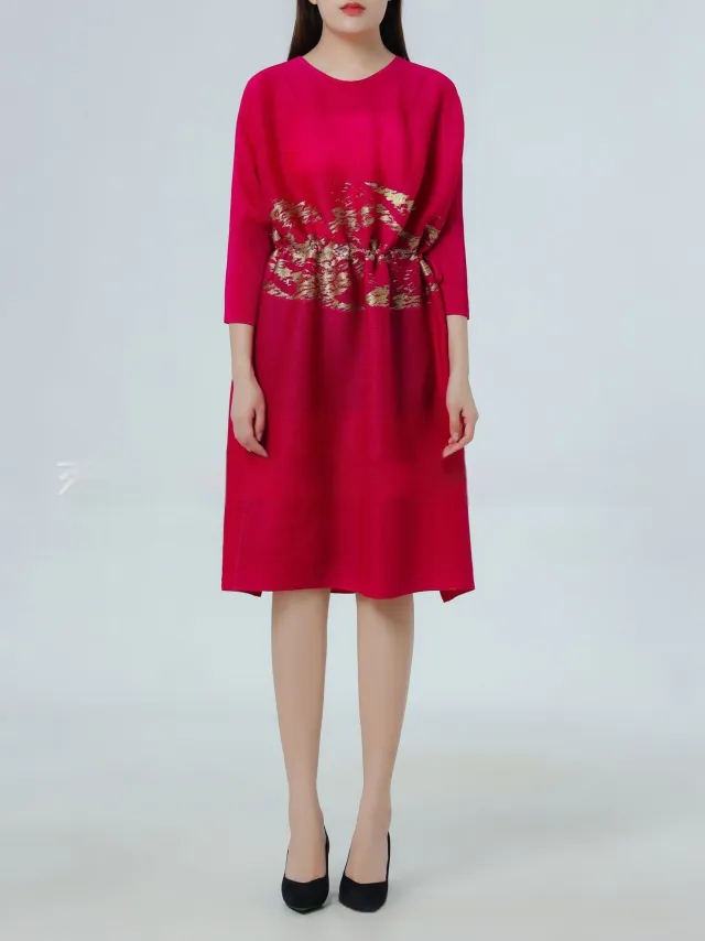 Sanzhai Pleated Plus Size Summer Fashionable Stylish Round Neck Long Sleeve Loose Long Dress Red - Shop at LoveMi