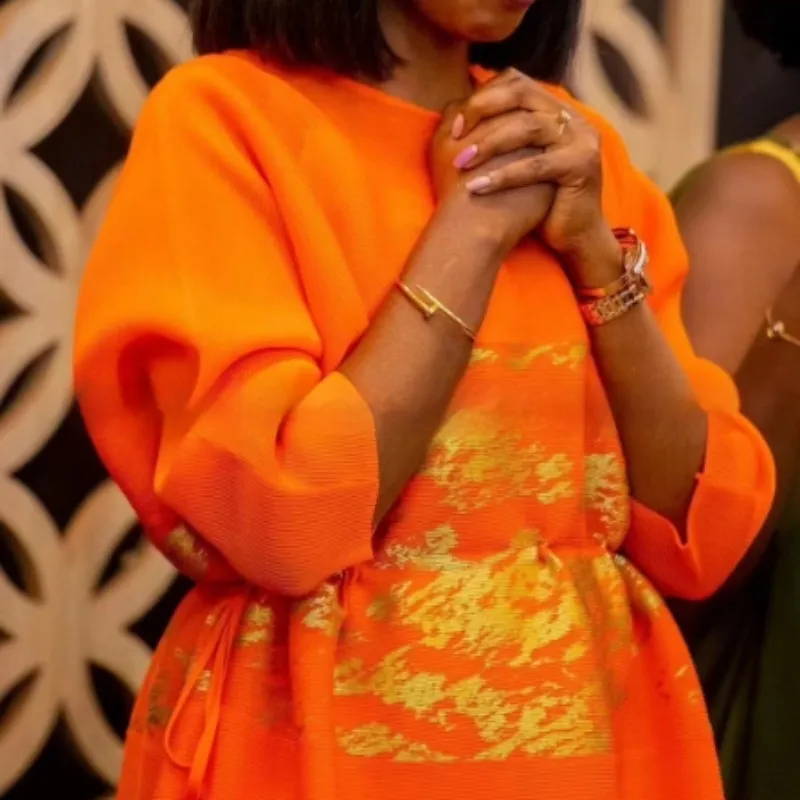 Sanzhai Pleated Plus Size Summer Fashionable Stylish Round Neck Long Sleeve Loose Long Dress - Orange