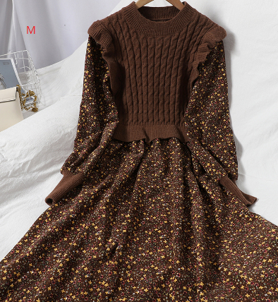 Spliced Knitted Wood Ear Hemp Pattern Pullover Dress Looks Thinner and Ages Sweet Corduroy Floral Skirt