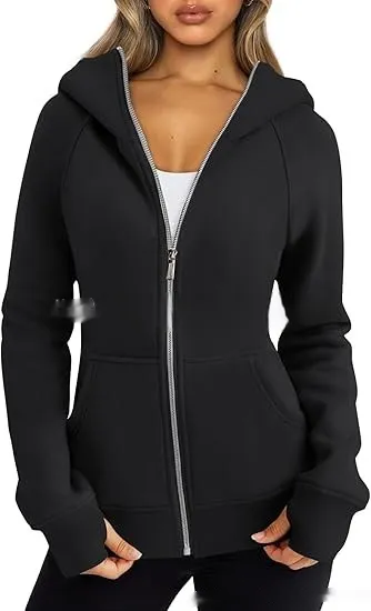 Women's Zipper Short Hood Fleece Lined Solid Color Hoodie Sweater Black - Shop at LoveMi
