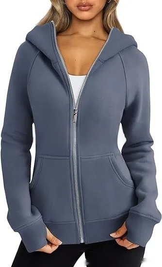 Women's Zipper Short Hood Fleece Lined Solid Colour Hoodie Sweater - Blue