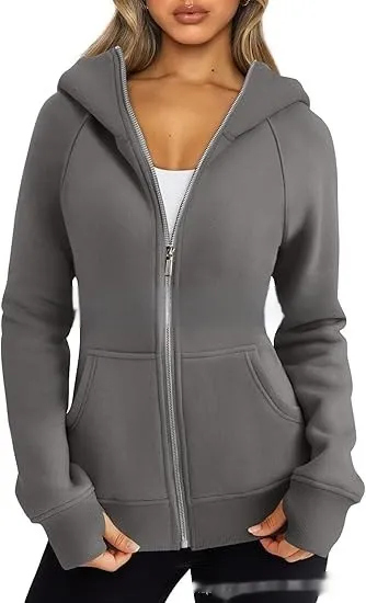 Women's Zipper Short Hood Fleece Lined Solid Color Hoodie Sweater Gray - Shop at LoveMi