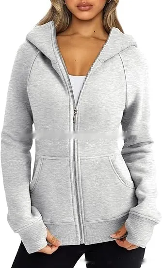 Women's Zipper Short Hood Fleece Lined Solid Color Hoodie Sweater Light Gray - Shop at LoveMi