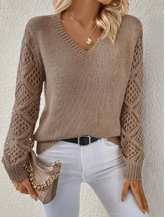 V-neck Hollow Sleeves Solid Color Sweater - Camel