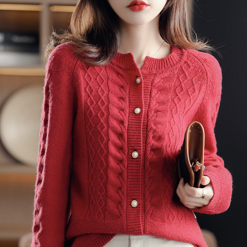 Title 6, Round Neck Pure Wool Knit Cardigan Women