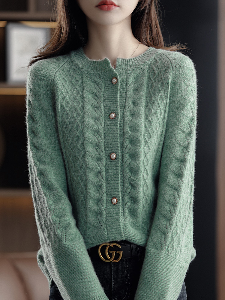 Title 2, Round Neck Pure Wool Knit Cardigan Women