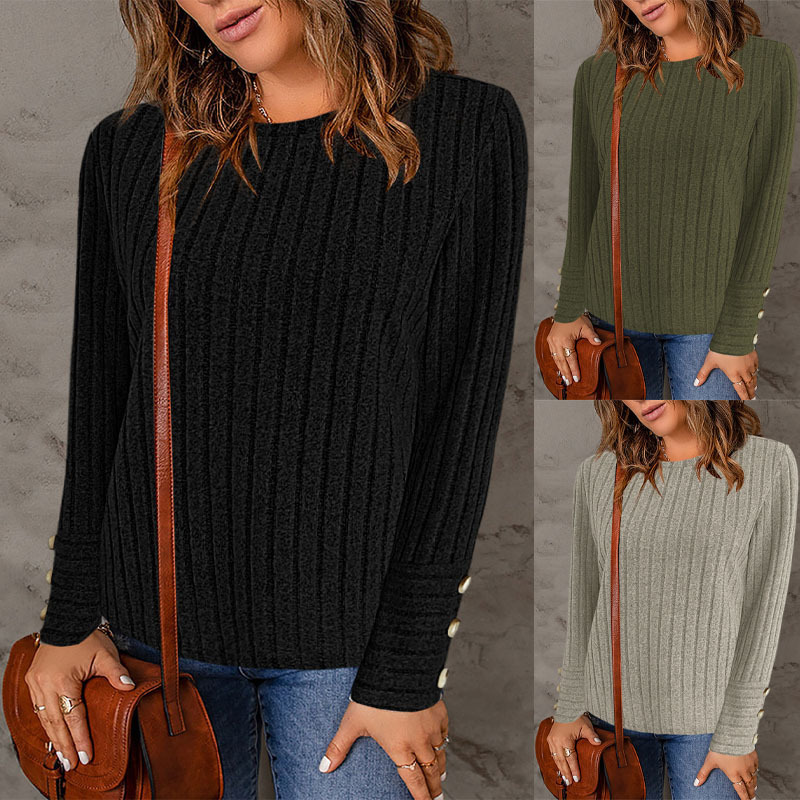 Title 5, Pullover Round Neck Fashion Long Sleeve Button Top