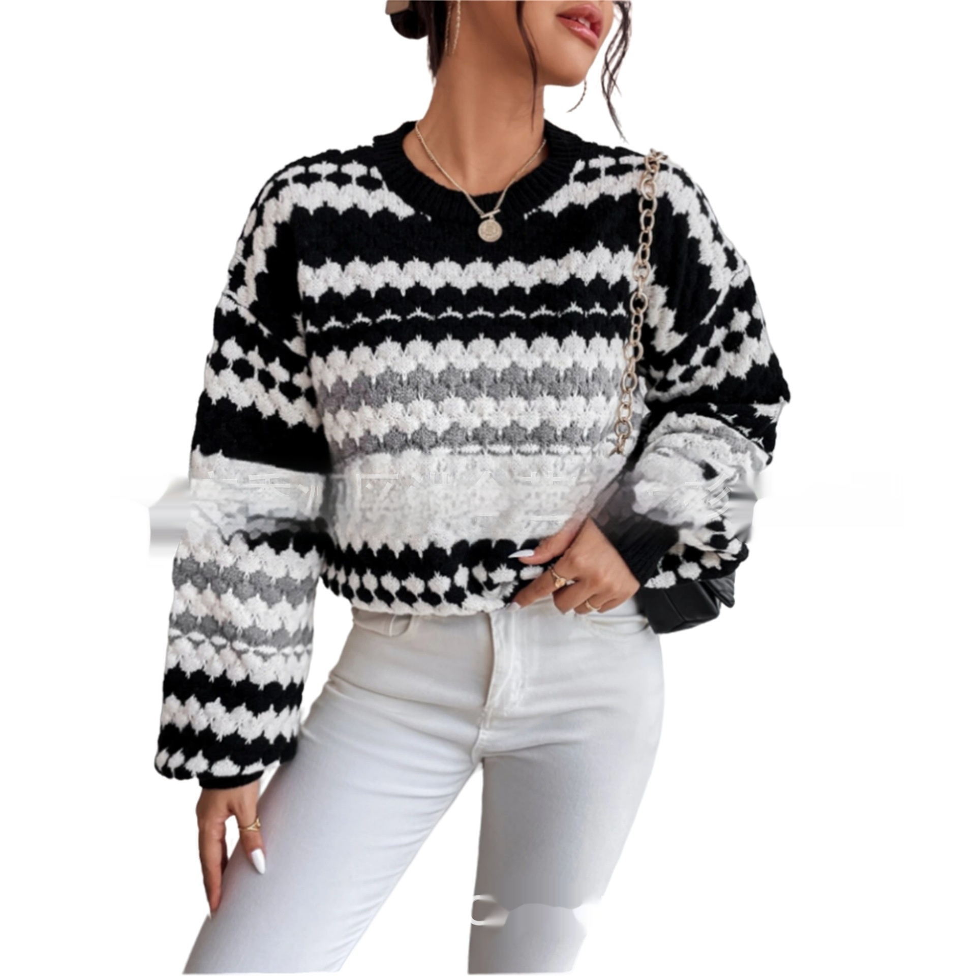 Title 5, Black And White Striped Knitted Loose Mid-lengt...