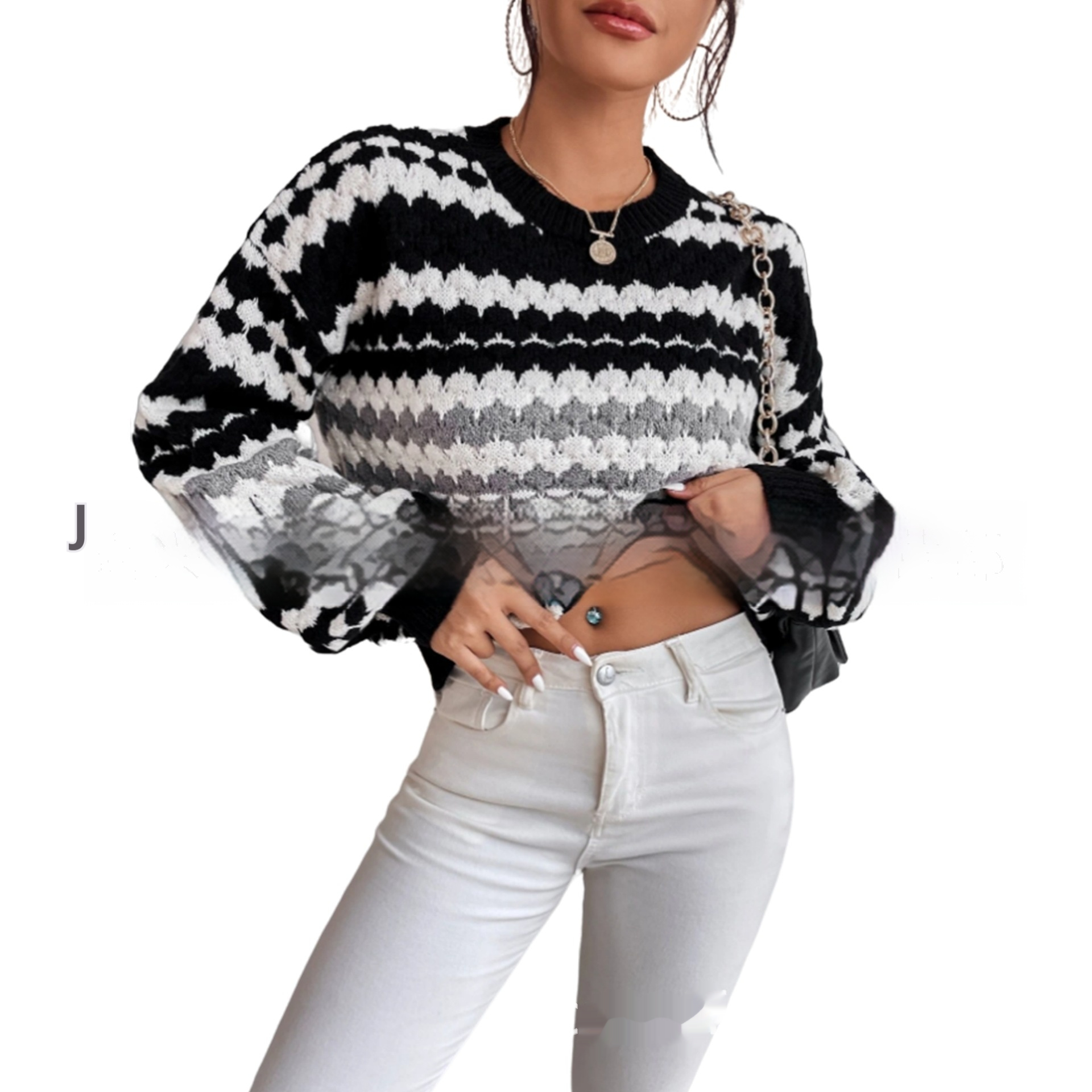 Title 3, Black And White Striped Knitted Loose Mid-lengt...