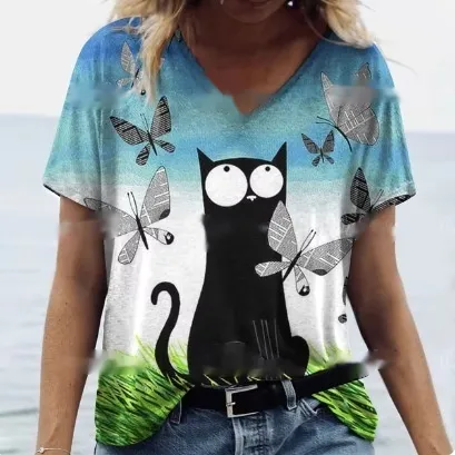 Women's Summer Cat Print Casual Short Sleeve Round Shirt Loose Clothing 4Style 2Xl - Shop at LoveMi