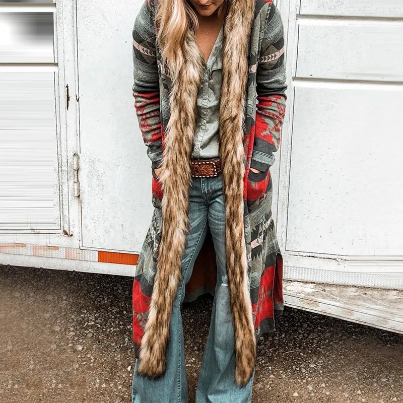 Fur Collar Long Sleeve Floral Print Trench Coat - Red