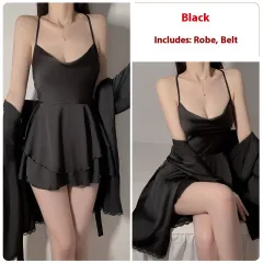 Underwear Pure Lace Slip Nightdress Outerwear Gown Homewear Suit - Black Outerwear Gown Belt - View 1