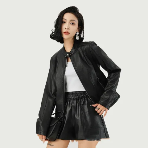 Women's Leather Jacket Locomotive Style Coat