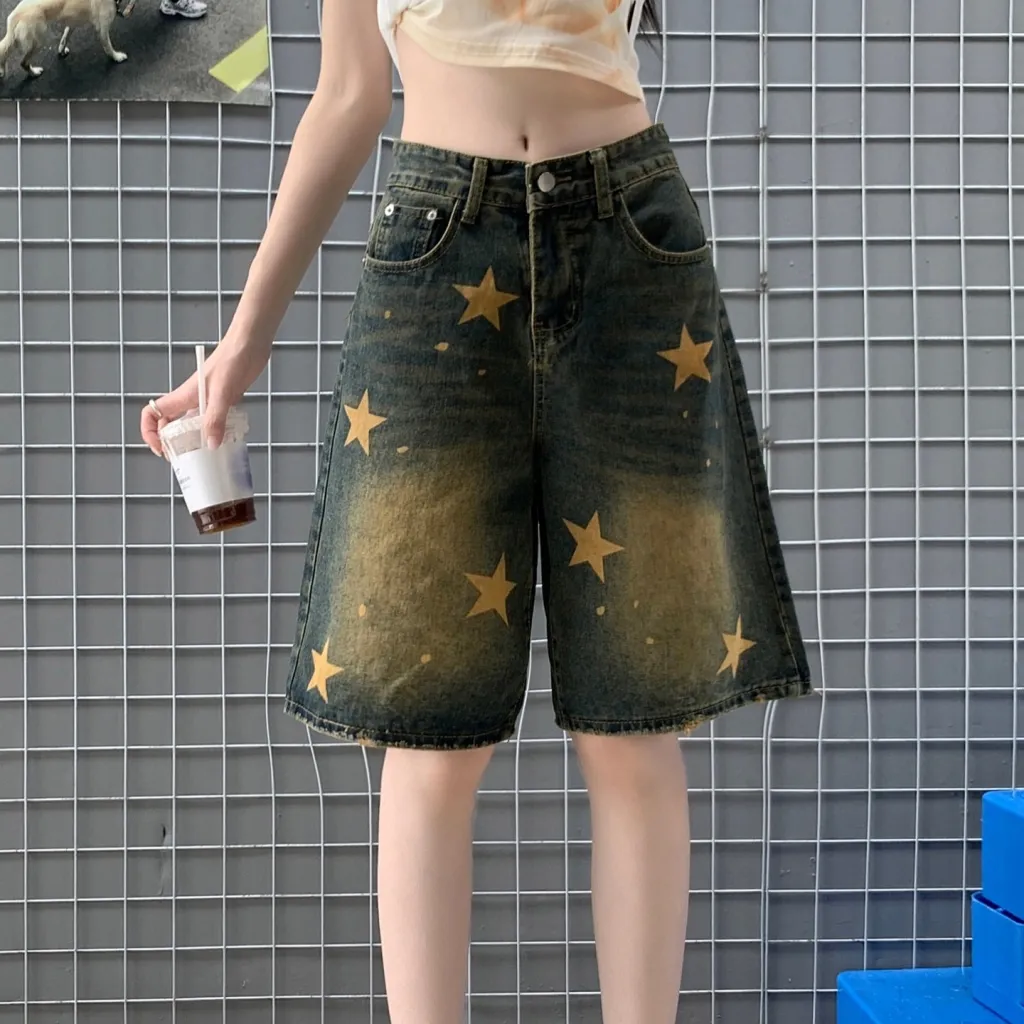 Washed Old Five-pointed Star Denim Shorts Female - Distressed Blue