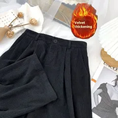 Autumn And Winter New High Waist Loose And Slimming Straight Casual Trousers - Black With Extra Lining - View 1