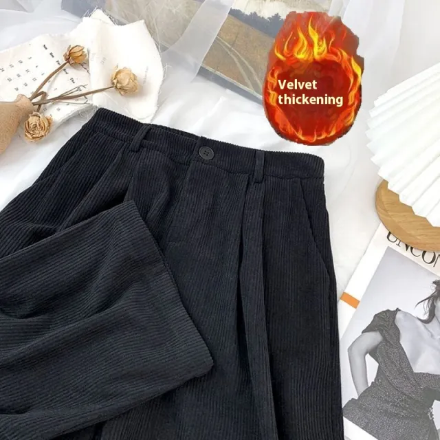 Autumn And Winter New High Waist Loose And Slimming Straight Casual Trousers Black With Extra Lining - Shop at LoveMi