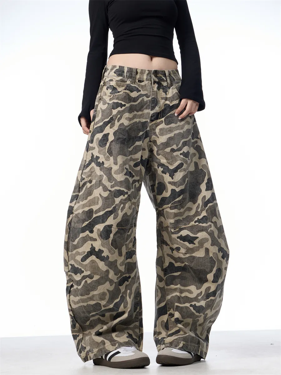 Overalls Wide-leg Pants Women's Washed Camouflage Couple Pants - Camouflage-M