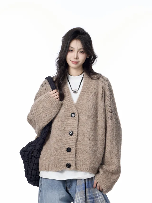 V neck Knitted Cardigan Coat Women's Idle Style Loose Sweater Khaki - Shop at LoveMi