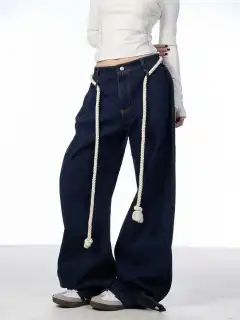 Washed Black Loose Straight Wide Leg White Stitching Jeans - Dark Blue - View 1