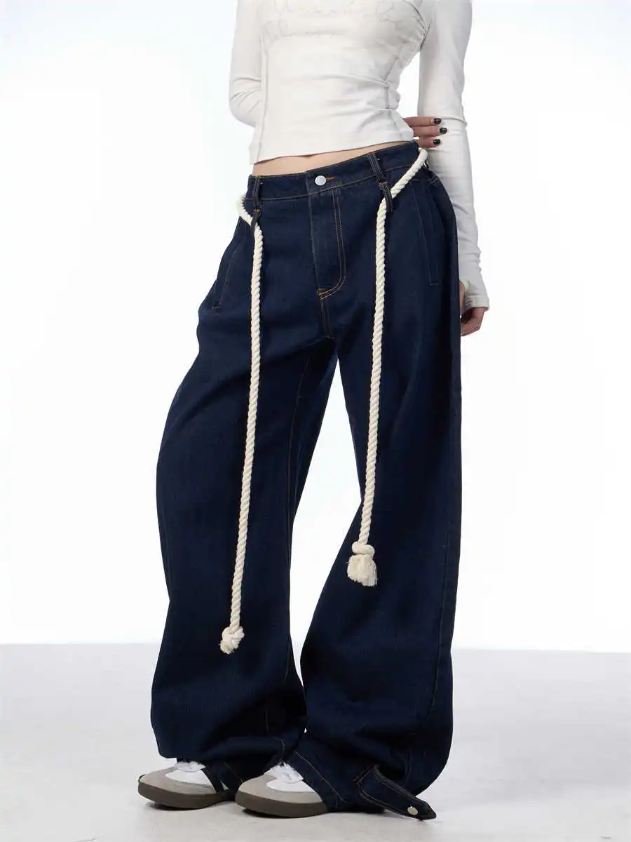 Washed Black Loose Straight Wide Leg White Stitching Jeans - White