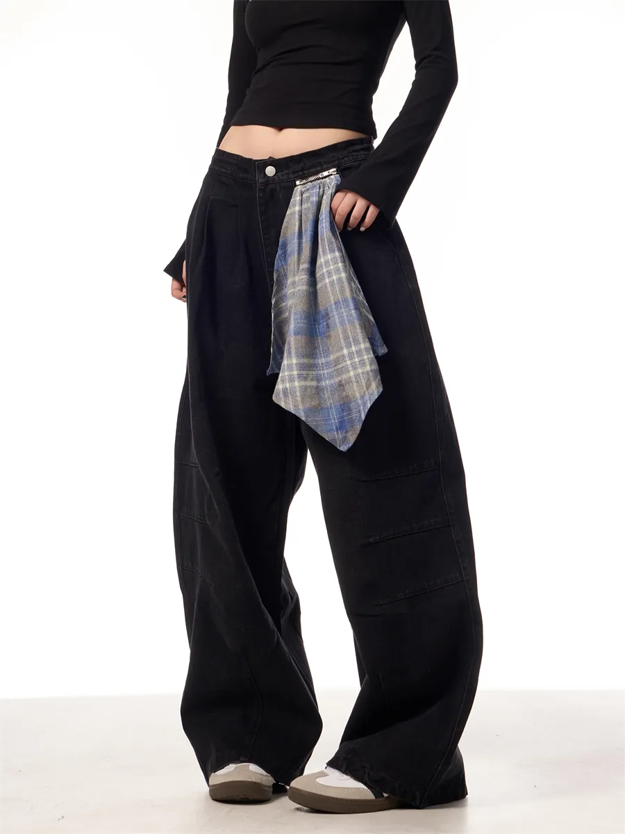 Retro Machete Zipper Detachable Square Scarf Profile Jeans - Black