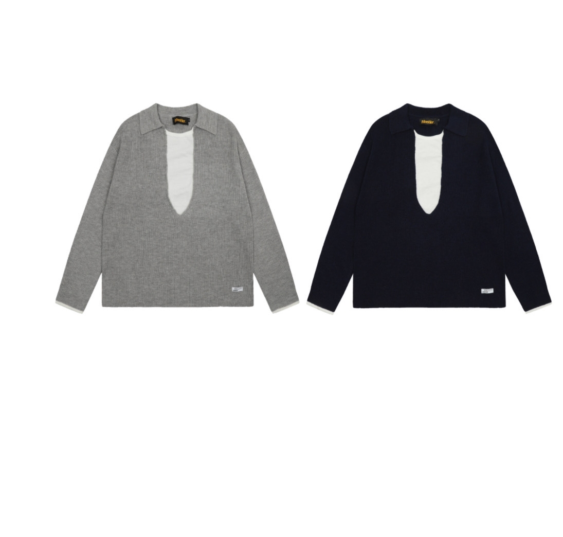 American-style Retro Loose Fake Two-piece Design Large V-neck Sweater