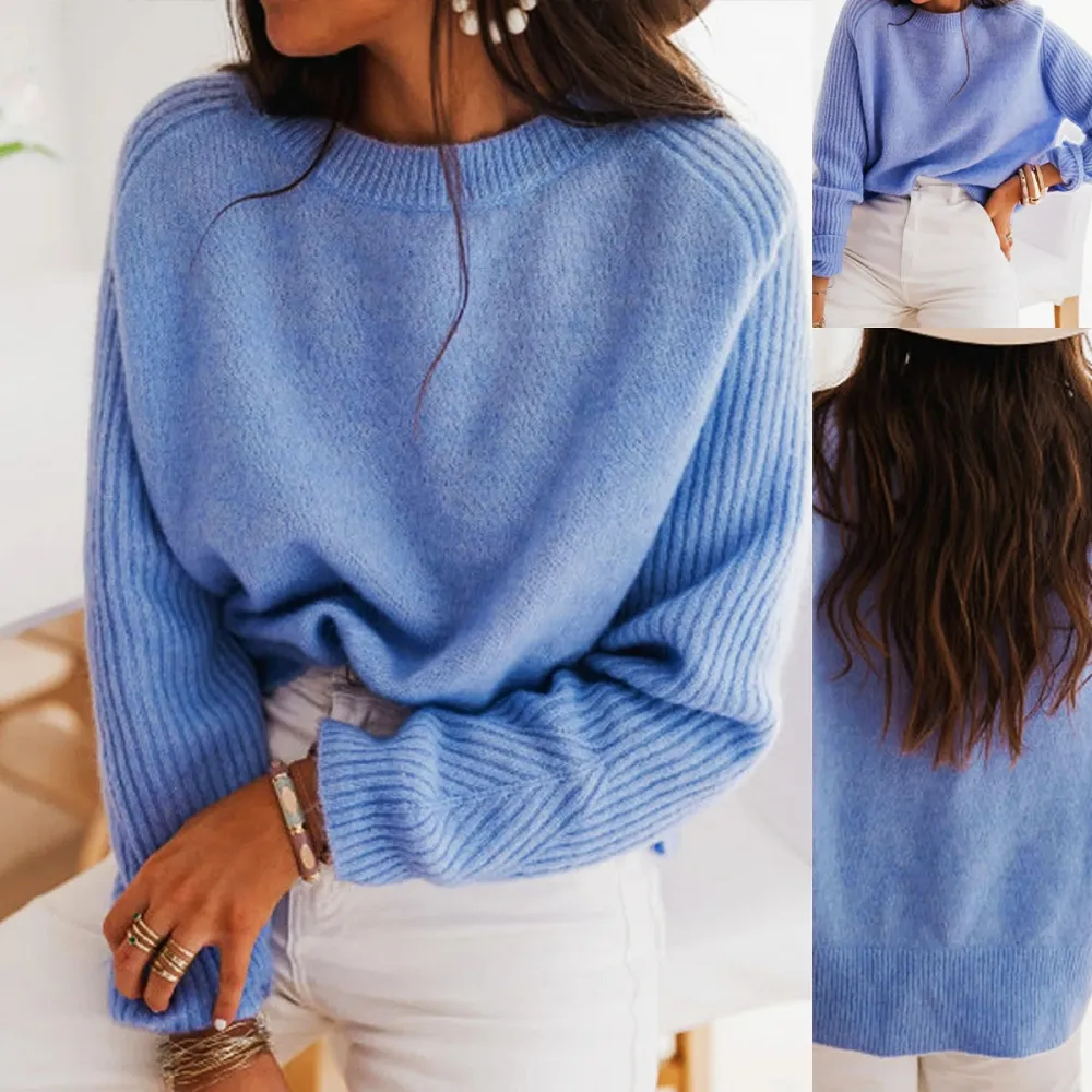 European Milk Blue Bedford Cord Sweater Women's Round-collar Long-sleeve Knitwear Casual Women's Clothing Fashion Knit Top Outerwear