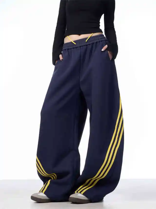 Striped Lace up Machete Casual Pants Loose Wide leg Pants Navy Blue - Shop at LoveMi